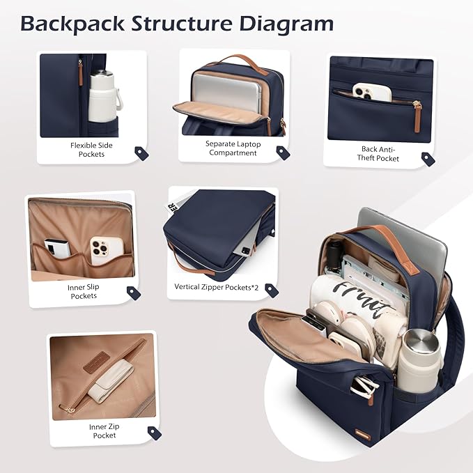 GOLF SUPAGS Stylish Laptop Backpack for Women Airline Approved Perfect for Work College and Travel Multi-Functional Casual Daypack Fits 15.6 Inch Notebook (Navy Blue)