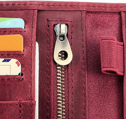 CONTACTS Full Grain Leather Passport Holder RFID Blocking Travel Passport Wallet Compatible with Airtag Passport Cover Case with 4 Cards Slots, Coin Pocket (Wine Red)