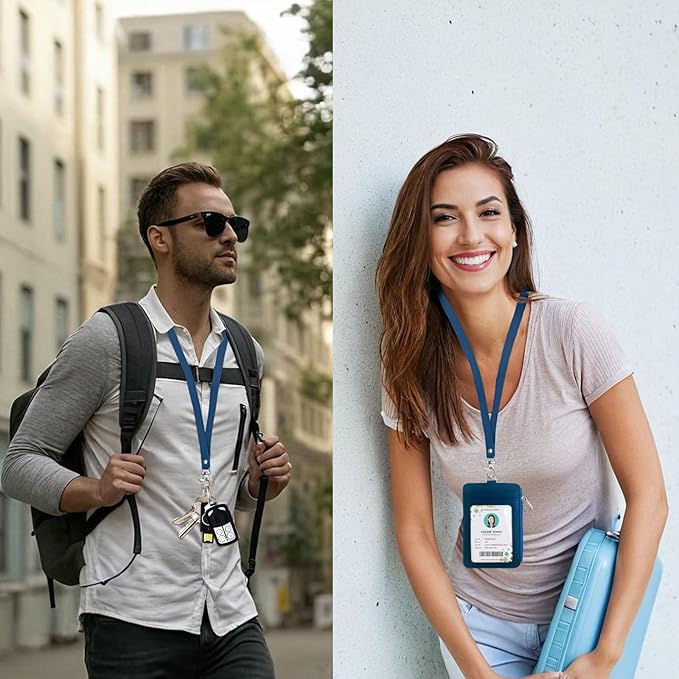 bolimoss 2-in-1 ID Badge Holder & Lanyard Wallet, Leather ID Badge Card Holder Wallet with 5 Card Slots, 1 Side Zipper Pocket,Detachable Keychain Lanyards for Office Worker School Teacher, Navy Blue