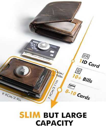 iwantit Slim Airtag Wallet for Men: Pop Up Bifold Wallet with Detachable Money Clip ID Window for Air Tag(1st & 2nd Generation) - RFID Blocking for 8-10 Cards Cash - Gift Box Included (Brown)