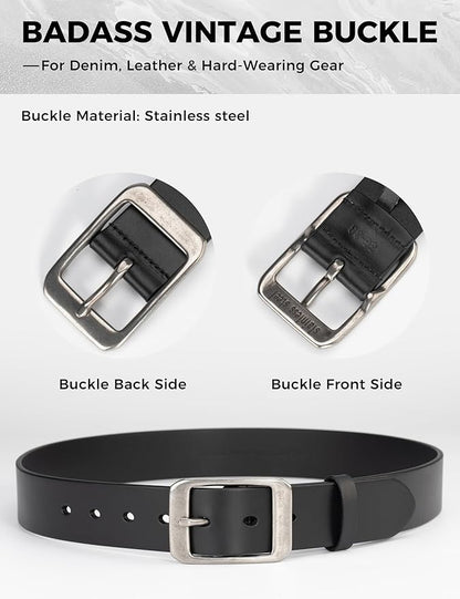 Mens Heavy Duty Full Grain Leather Belt - 1 1/2 Italian Genuine Leather with Sturdy Buckle for Jeans Casual Pants