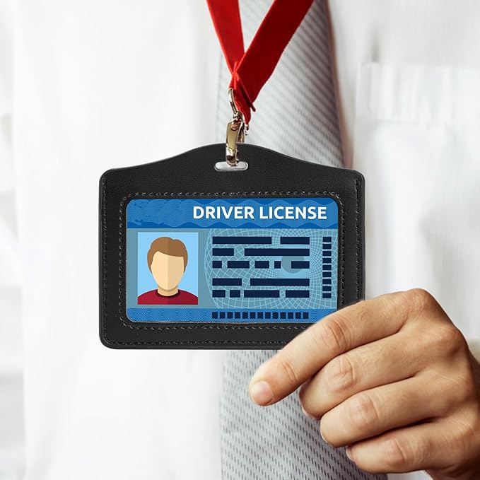 2 Pack Genuine Leather ID Badge Holders, Horizontal ID Card Holders with Single-Side Clear Window, Waterproof Name Badge Holde Suit for Office, Staff, Students, Employees (Black&Black)