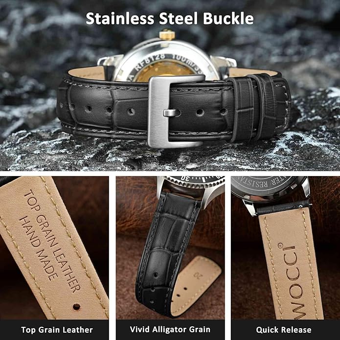 WOCCI Watch Bands, Top Grain Leather, Embossed Alligator Grain, Quick Release, Band Width 18mm 20mm 22mm