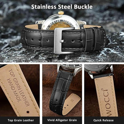 WOCCI Watch Bands, Top Grain Leather, Embossed Alligator Grain, Quick Release, Band Width 18mm 20mm 22mm
