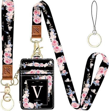A-Z Letter 2-in-1 ID Badge Holder & Lanyard Wallet for Teachers,Nurse,Professionals-Cute Zippered Coin Pouch,Removable Wristlet & Neck Lanyard,5 Card Slots Stylish Work Essential V