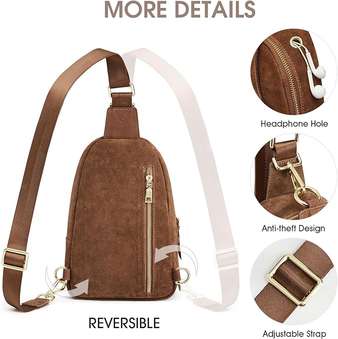 Kattee Sling Bag for Women, Genuine Suede Leather Fanny Packs Crossbody Purse, Small Chest Bag with RFID Blocking, Coffee