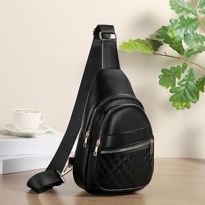 Crossbody Bags for Women Men,Leather Sling Bag Cross Body Backpack for Women, Casual Chest Bag Daypack for Travel Hiking, Black