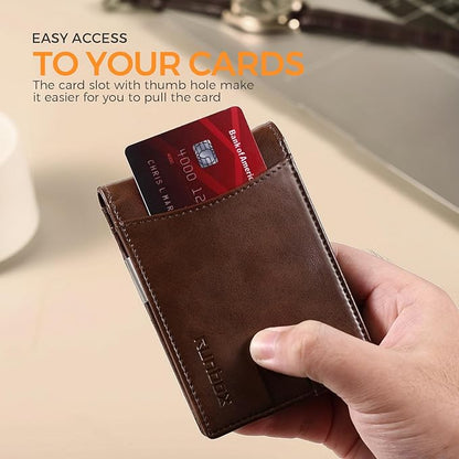 RUNBOX Slim Money Clip Wallets for Men RFID Blocking 11 Card Holder Minimalist Small Leather Bifold Men's Front Pocket Wallet Gift Box