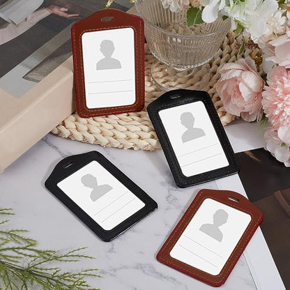 4PCS Doubel Sided PU Leather Badge Holder with Clear Window 2 Colors Vertical ID Card Case Waterproof Leather Photocard Protector Name Badge Pouch for Office Staff Students School