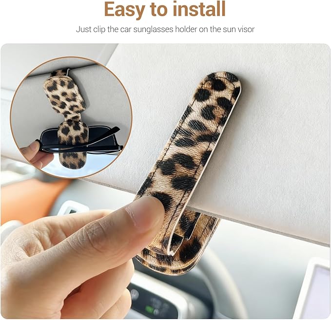 Sunglass Holder for Car, Universal Magnetic Car Sun Visor Eyeglass Holder, Leather Glasses Clip for Car, Ticket Card Clip (1, Leopard)