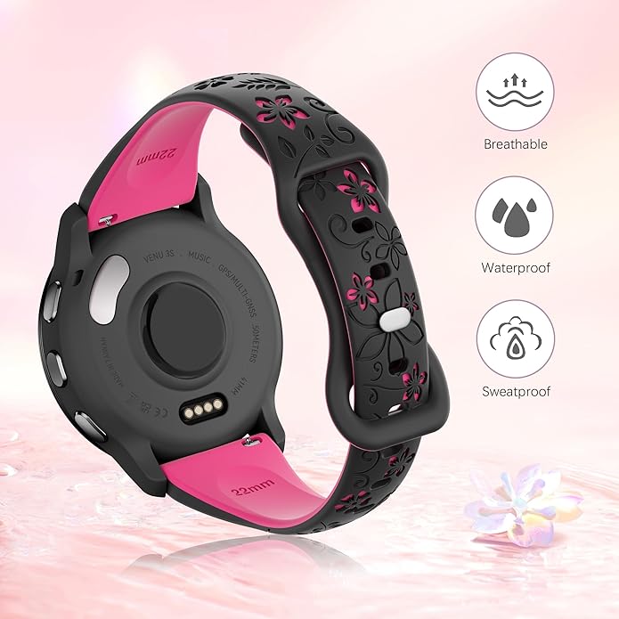 Laband 18mm Floral Engraved Band Compatible With Garmin Venu 3S 41mm/Venu 2S/Vivoactive 4S/Vivomove 3S/Venu 4 41mm/Forerunner 255S/Forerunner 265S,Soft Slim Silicone Cute Embossed Flower Strap for Men