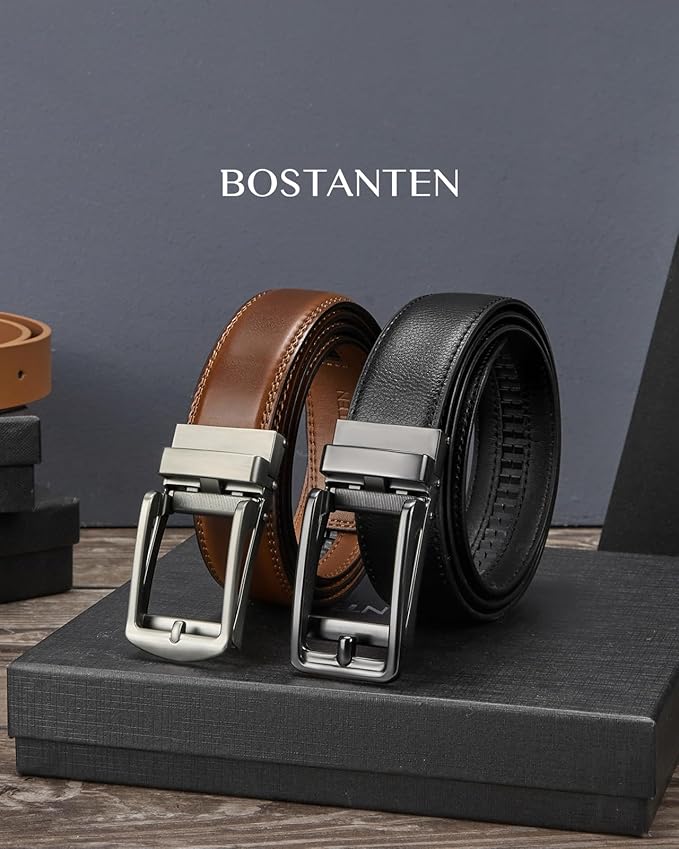 BOSTANTEN Ratchet Leather Belt For Men 2 Pack Dress and Casual with Adjustable Buckle, Trim to Fit