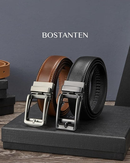 BOSTANTEN Ratchet Leather Belt For Men 2 Pack Dress and Casual with Adjustable Buckle, Trim to Fit