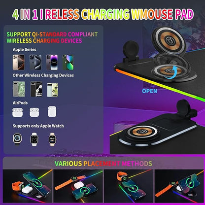 15W Wireless Charging Mouse Pad - Large RGB Gaming Desk Mat (31.4"x12"), Waterproof Leather Mousepad with Phone Holder, Includes PD Adapter & USB-C Cable - for Office & Home, Black