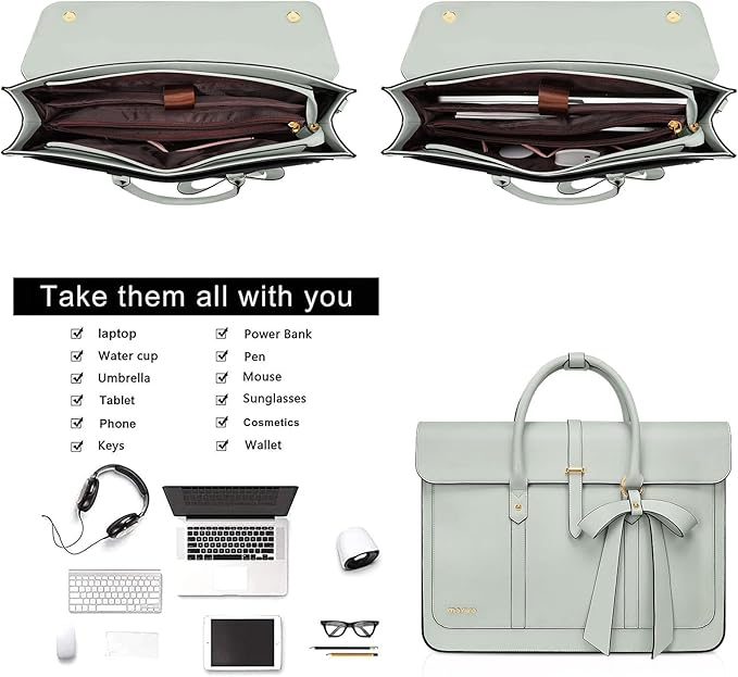 MOSISO Laptop Bag for Women, 17 inch PU Leather Laptop Shoulder Bags Convertible Backpack, 17.3 inch Messenger Bags Casual Handbag Work Briefcase Travel Computer Bag with Bowknot, Sage Green