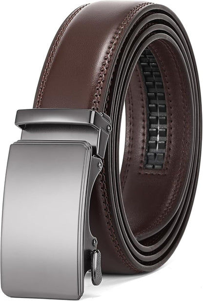 SENDEFN Men's Leather Belt Automatic Ratchet Buckle Slide Belt for Dress Casual Trim to Fit with Gift Box