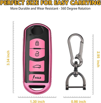 FT FUNTOR for Mazda Car Key Cover,4 Pink Buttons TPU Key Cover with Keychain,Compatible with Mazda 3 6 8 CX-3 CX-5 CX-7 CX-9 atenza Miata MX-5 (C-Pink)