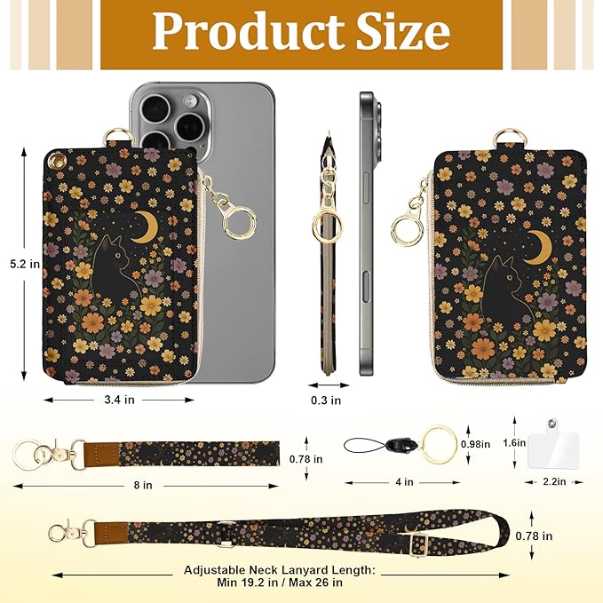 Black Cat Lanyard Wallet with ID Holder, Cute Floral ID Badge Holder with Lanyard, Slim Zipper Card Holder for Women,Detachable Neck Lanyard Wrist Strap with Keychain for Teacher Work Office Gifts