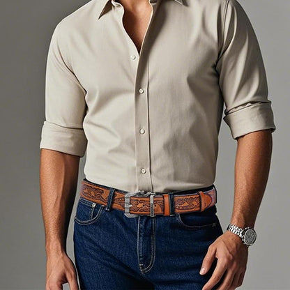 BISON DENIM Men's Genuine Leather Casual Belt, Classic Western Cowboy Dress Belts