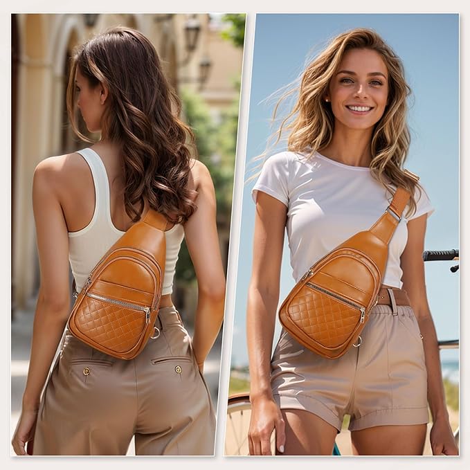 Crossbody Bags for Women Men,Leather Sling Bag Cross Body Backpack for Women, Casual Chest Bag Daypack for Travel Hiking, Brown
