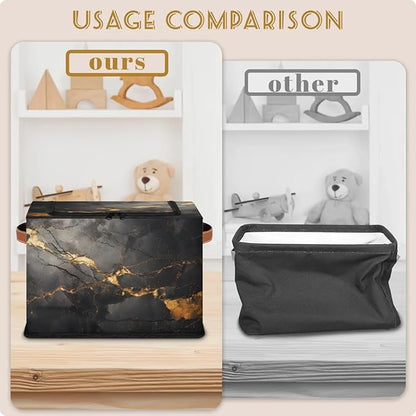 Black Gold Marble Storage Bins With Zipper Lid, Collapsible Trunk Organizer, Car Organizers and Storage Bins with Lids, Decorative Storage Boxes with Handle, Home Storage Baskets For Organizing