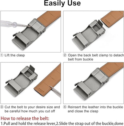 SENDEFN Men's Leather Belt Automatic Ratchet Buckle Slide Belt for Dress Casual Trim to Fit with Gift Box