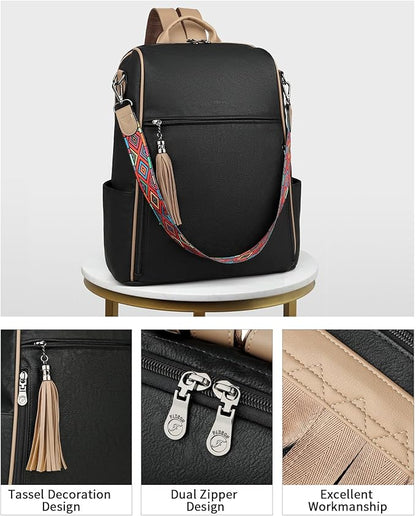 FADEON Leather Laptop Backpack for Women Designer 15.6 inch PU Laptop Bag, Ladies Travel Computer Work Backpack Black
