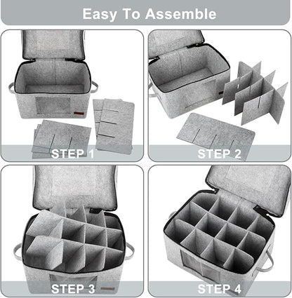 Foyego 2 Pack Wine Glass Storage Box with Dividers, Stemware Storage Containers for Packing and Moving, China Storage Containers Box for 12 Crystal Glassware, Wine Glasses, Drinkware,Light Gray