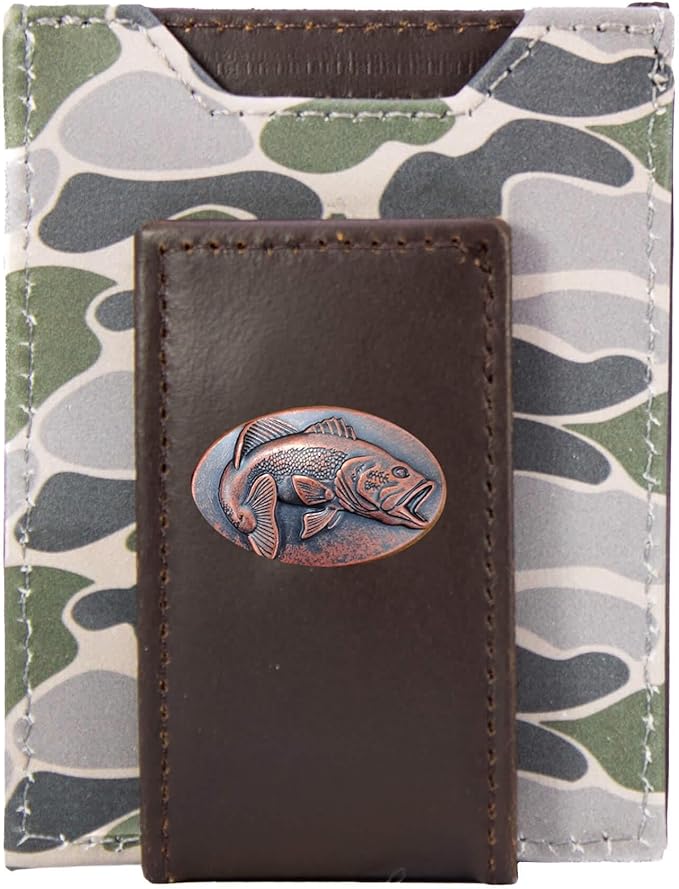 ZEP-PRO Bass Men's Magnetic Front Pocket Old School Camo Leather Wallet – Slim Design with Card Slots and Money Clip, Green/Gray Camo