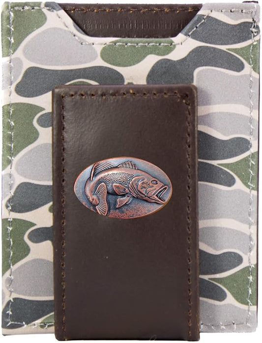 ZEP-PRO Bass Men's Magnetic Front Pocket Old School Camo Leather Wallet – Slim Design with Card Slots and Money Clip, Green/Gray Camo