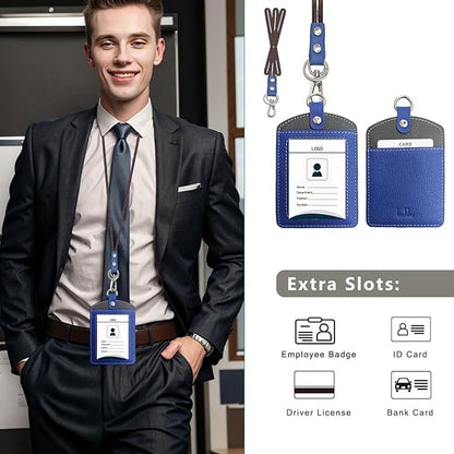 Badge Holder: Boshiho Cowhide Leather ID Badge Card Holder with 19" Neck Lanyard, Vertical Style (Blue-Dark Gray)