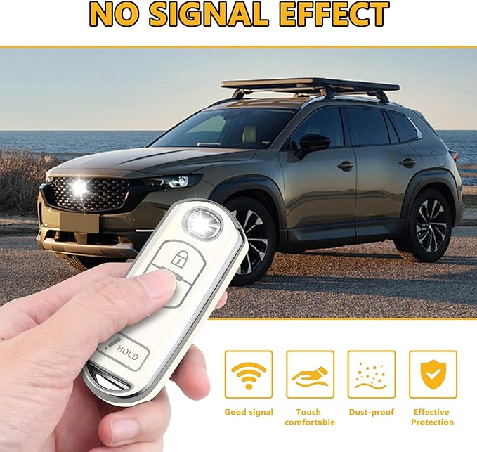 FT FUNTOR for Mazda Key Cover,3 Buttons TPU Key Cover with Silver Edge,Compatible with Mazda 3 6 CX-3 CX-5 CX-7 CX-9 with Keychain (B-White)