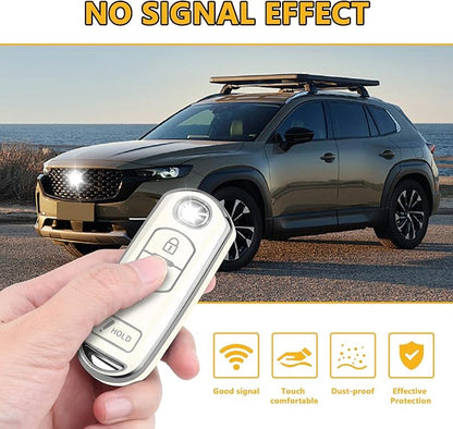 FT FUNTOR for Mazda Key Cover,3 Buttons TPU Key Cover with Silver Edge,Compatible with Mazda 3 6 CX-3 CX-5 CX-7 CX-9 with Keychain (B-White)
