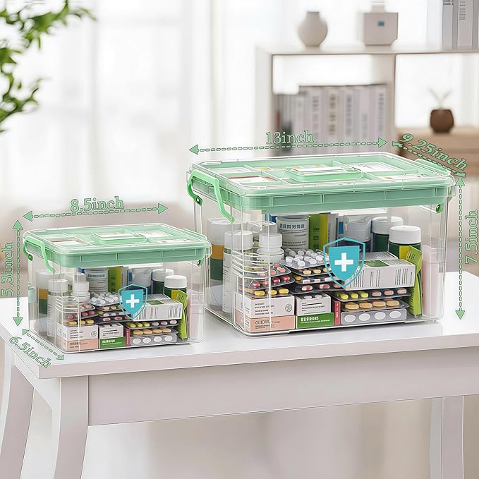 ANYPROLUS 2 Pack Clear Medicine Organizer Box with Handle, Plastic Medicine Container with Tray First Aid Box Empty, Thickened Medicine Storage Organizer Multipurpose Medication Organizer Storage