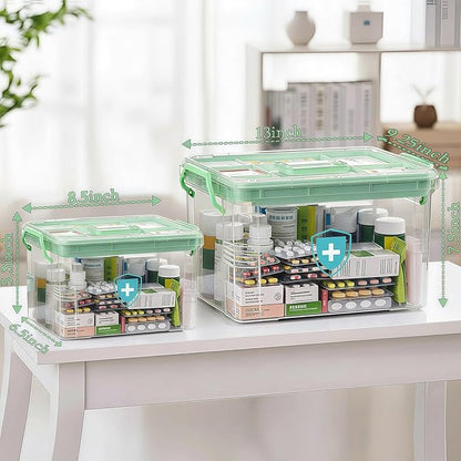ANYPROLUS 2 Pack Clear Medicine Organizer Box with Handle, Plastic Medicine Container with Tray First Aid Box Empty, Thickened Medicine Storage Organizer Multipurpose Medication Organizer Storage