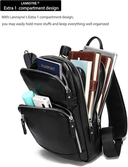 LANNSYNE Full Grain Leather Sling Bag For Men, Crossbody Bag fits 12.9" iPad Crossbody Chest Daypack