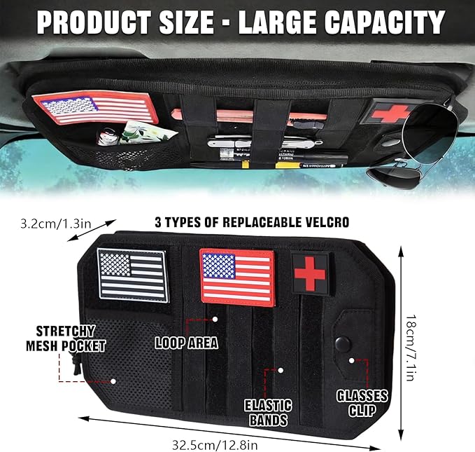 Molle Visor Organizer For Car, 1000d Polyester Tactical Panel With Double Zipper Multi-Pockets & Glasses Clip And 3 Replaceable Velcro, Semi-Rigid Molle Panel, Perfect For Pickup Trucks Suv、 Sedan