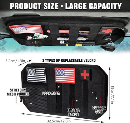 Molle Visor Organizer For Car, 1000d Polyester Tactical Panel With Double Zipper Multi-Pockets & Glasses Clip And 3 Replaceable Velcro, Semi-Rigid Molle Panel, Perfect For Pickup Trucks Suv、 Sedan