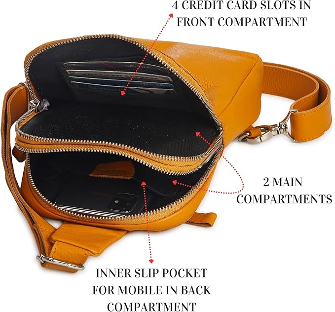 Leather Sling Bag for Women Genuine Crossbody Purse Small Trendy Cross Over Chest with Phone and Credit Card Slots (Mustard Nappa)