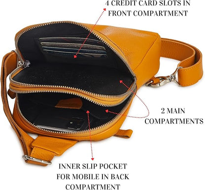 Leather Sling Bag for Women Genuine Crossbody Purse Small Trendy Cross Over Chest with Phone and Credit Card Slots (Mustard Nappa)
