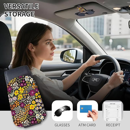 LKKDPS Sunglasses Holder for Car Visor, PU Leather Glasses Clip Organizer, Cute Magnetic Eyeglass Holder for Vehicle Sun Visor, Car Interior Accessory for Women & Men Wildflower Doodle Garden
