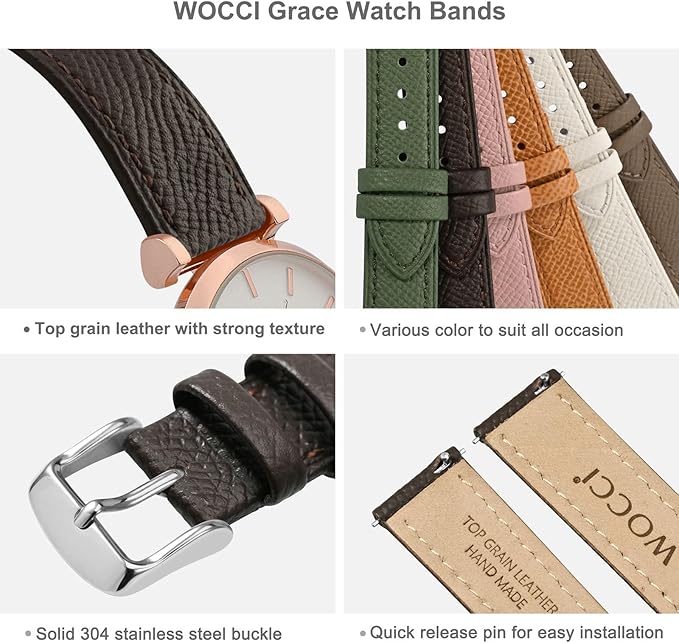 WOCCI 12mm Grace Leather Watch Band for Ladies, Top Grain Leather, Quick Release Replacement Strap with Silver Buckle (Dark Brown)