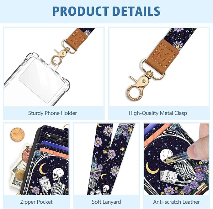 Goth Skeleton Book Lanyard Wallet with ID Badge Holder, Flowers Moon Star Small RFID Wallet Women Keychain Wristlet, Slim Credit Card Holder with Zipper Pocket Phone Lanyard Wrist Strap Office Teacher