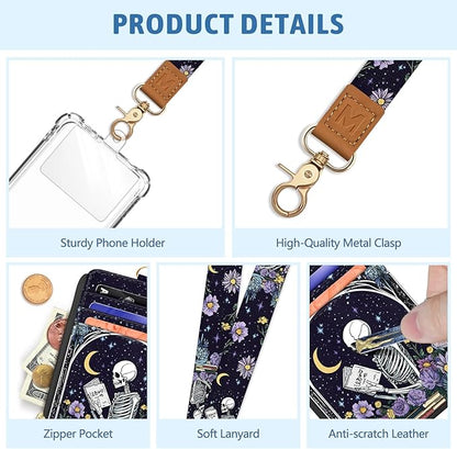 Goth Skeleton Book Lanyard Wallet with ID Badge Holder, Flowers Moon Star Small RFID Wallet Women Keychain Wristlet, Slim Credit Card Holder with Zipper Pocket Phone Lanyard Wrist Strap Office Teacher