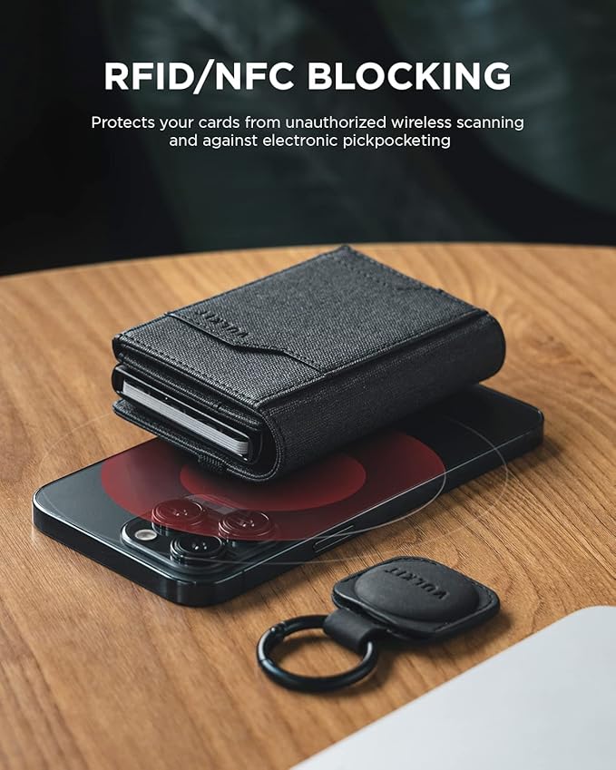 VULKIT Airtag Wallet with Keyring Mens Pop up Credit Card Wallet with Air Tag Holder Trifold ID Window RFID Blocking（Black）