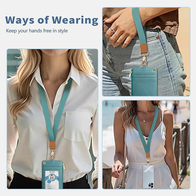 Lanyard Wallet with Id Badge Holder, Blue RFID Small Keychain Wallet Women Wristlet, Minimalist Zipper Credit Card Holder Phone Wrist Neck Strap for Key Name Tag, Teacher Student Office Gift
