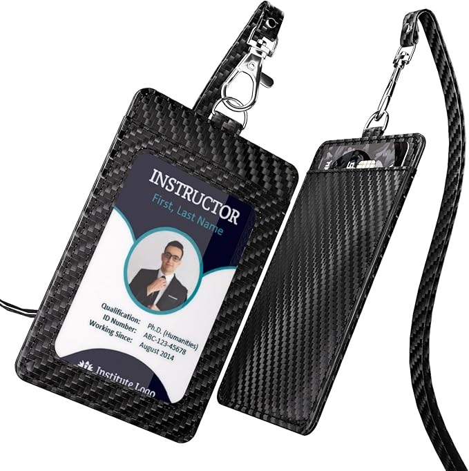Carbon Fiber Work ID Card Holder with Lanyard is a Stylish and Durable Card Holder with Dual Card Capacity, Clear Display Window and Privacy Back Pocket (Black)