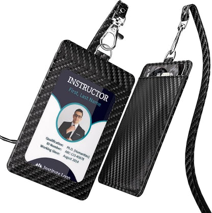 Carbon Fiber Work ID Card Holder with Lanyard is a Stylish and Durable Card Holder with Dual Card Capacity, Clear Display Window and Privacy Back Pocket (Black)