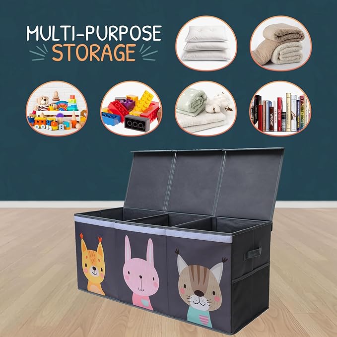SoftOwl Extra Large Toy Storage Organizer with Lid - Sturdy, Collapsible Toy Chest Storage Box with Cute Design - Toys Bin with Dividers for Kids, Boys, Girls, Nursery, Bedroom, Play room 37"x16"x14"