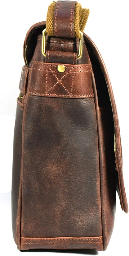 16" Crossbody Bag Leather Laptop Messenger Bag For Men with trolley sleeve for school office (Walnut)